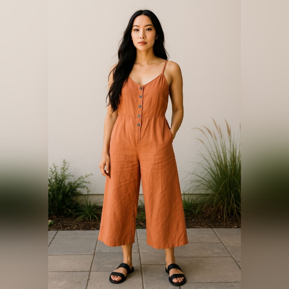 J for Justify Medium Spaghetti Strap Tank Top Pantsuit Burnt Orange Smocked Back